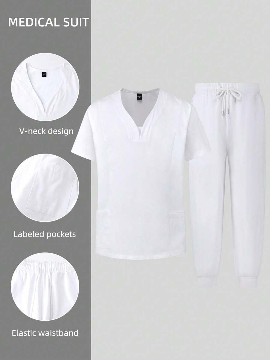 Manfinity Homme Men's Plain Color Short Sleeve Top And Long Pants Medical Care Outfit Set - White - View 1