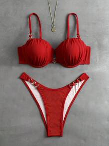 SHEIN Swim Springbreak Women 2pcs Solid Color Ribbed Racerback Wireless Bandeau Bikini Set With Cheeky Bottoms, Summer Beach Vacation Festival Boho - Red - View 1