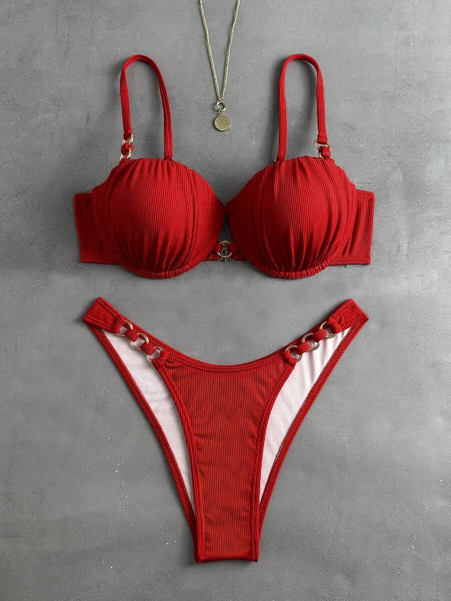 SHEIN Swim Springbreak Women 2pcs Solid Color Ribbed Racerback Wireless Bandeau Bikini Set With Cheeky Bottoms, Summer Beach Vacation Festival Boho - Red - View 1