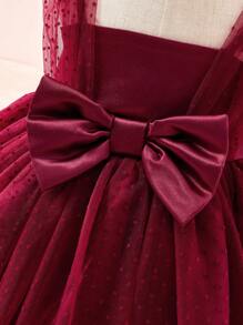 SHEIN Baby Girl Flocked Mesh Party Tutu Dress, Christening Casual Cute Party Gown, Photoshoot Ruffle Skirt Dress For Autumn/Winter - Burgundy - View 5