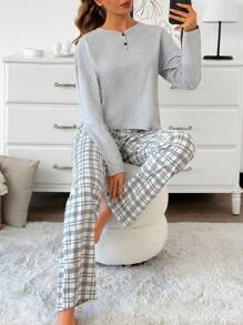 RueChic 2pcs Cotton Contrast Colour Button Detail Shirt And Plaid Pattern Lounge Bottom Homewear Set - Grey - View 5