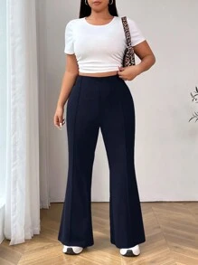 SHEIN EZwear 加大码纯色休闲西装裤，时尚适合日常穿着，毕业、返校、秋冬季女士教师装 - 藏蓝色 - 查看 3