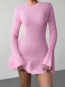 Aloruh 1 件女式喇叭袖粉色长袖针织毛衣连衣裙，新品秋冬