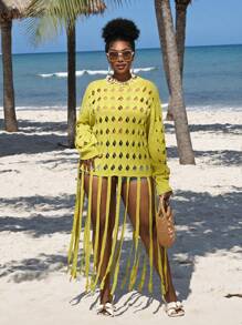 Slaydiva New 2025 Curve Fashionable Casual Women Autumn New Long Sleeve Knitted Hollow Tassels Round Neck Sweater Spring/Summer