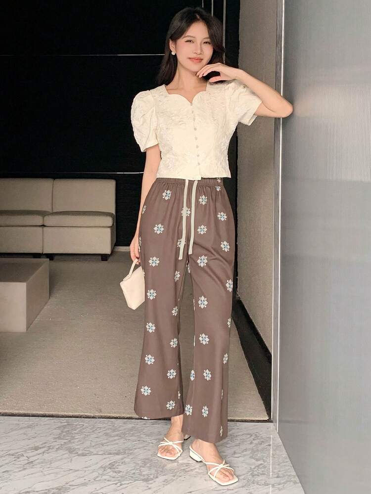 Women Floral Print Elastic Waist Flared Loose Cropped Pants, Elegant Summer Trousers