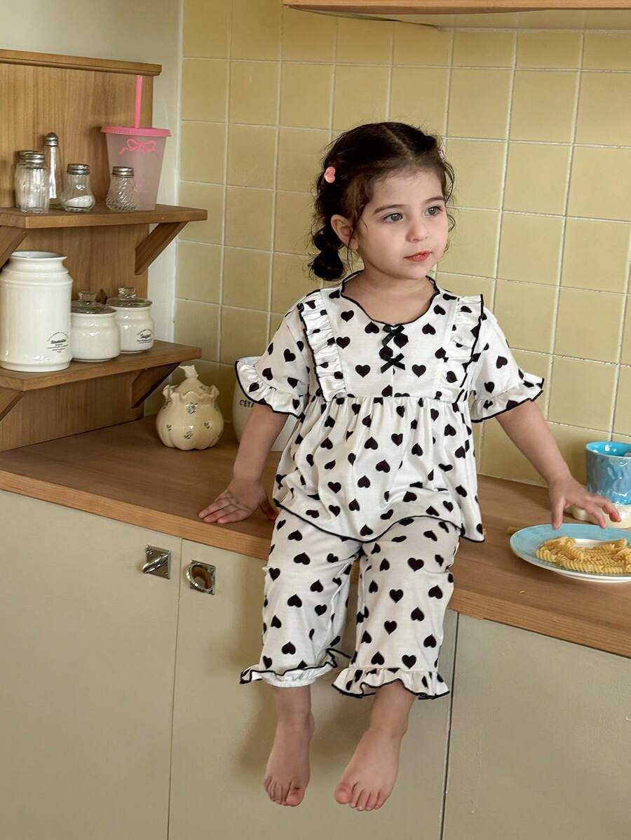 SHEIN Leap Crew Baby Girl Sweet Minimalist Heart Pattern Bow & Ruffle Trim Short Sleeve Soft Comfy Pajama Set, 2pcs - Beige - View 1