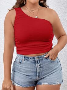 SHEIN VCAY Plus Size Women Solid Color Sleeveless Crop Top - Red - View 3
