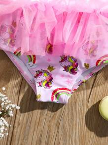 Baby Girl Rainbow Print Contrast Mesh Ruffle Detail One-Piece Swimsuit - Multicolor - View 6