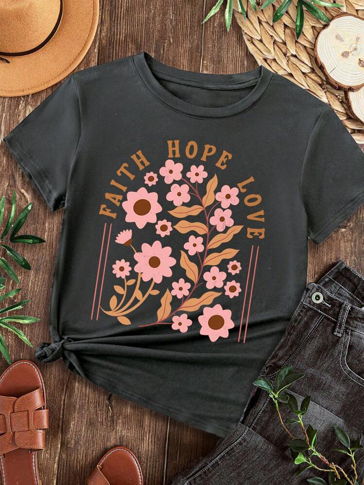 SHEIN LUNE Camiseta de talla grande con el lema "FE, ESPERANZA, AMOR" en gris oscuro para verano - Gris - Añade 1