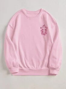 SHEIN EZwear New Embroidered Floral Cross Stitch Sweatshirt / Religious Based Robe / Christian Hoodie / Loose Fit Casual Women Pullover For Spring Easter Graduation,Back To School Outfits,Graduation,Teacher Outfits For Women,Back To School