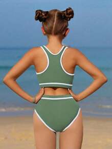SHEIN Tween Girl Colorblock Trim Swimwear Set For Beach/Vacation Summer Holiday