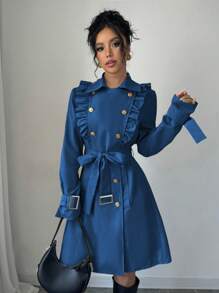 Elenzga Double-Breasted Cinched Waist Princess Seam Fitted Metal Button Ruffle Hem Trench Coat - Blue - View 3