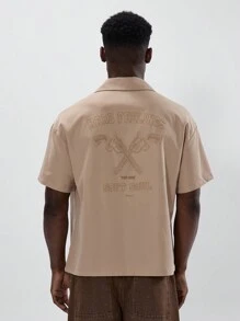 Musero 超大款短袖翻领纽扣刺绣品牌标识细节，春夏必备单品 - 咖啡棕 - 查看 4
