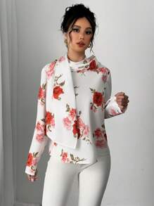 Calvaya Camisa de mujer con patrón de rosa y cuello de bufanda, manga larga, elegante