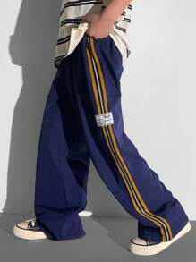 SHEIN Tween 男童休闲百搭舒适松紧腰字母织标直筒宽松纯色裤子，适合通勤、上学、日常生活、度假、运动、春季、夏季、秋季、冬季