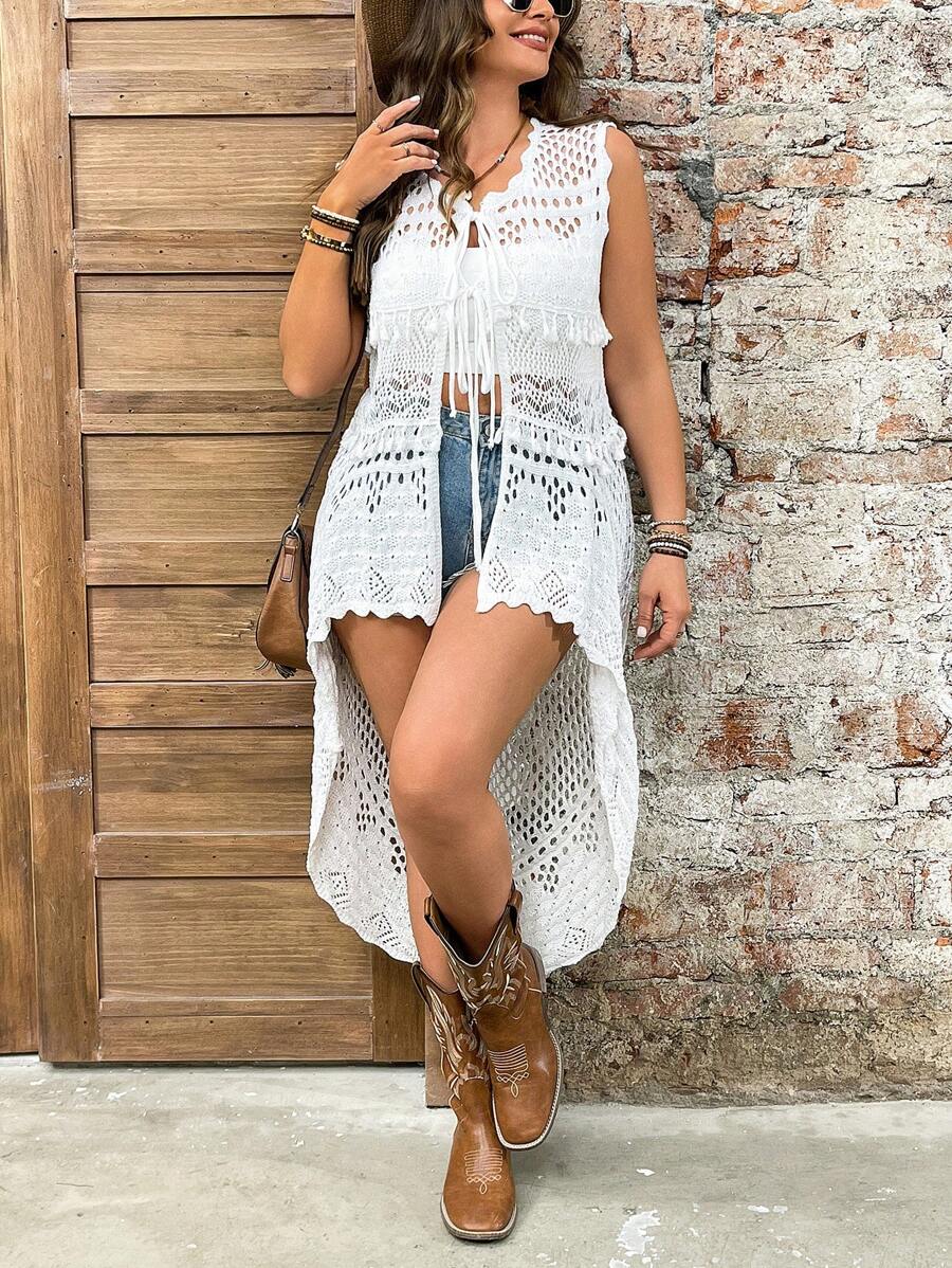Breezaya Minimalist Retro Holiday White Tie-Front Cover Up Vest, Asymmetrical Jacquard Tassel Trim Front Longer Back Beach Party Summer Lightweight Plus Size Cover Up, Plus Size Women Summer - White - View 1