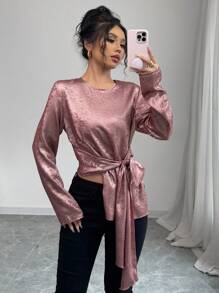 Elenzga Camicetta elegante e romantica con collo tondo, vita strizzata, in tessuto leggero e lucido con effetto madreperlato rosa