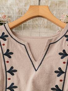 EMERY ROSE Plus Size Embroidered V-Neck Mid-Calf Length Casual Everyday Dress, Spring/Summer - Apricot - View 7