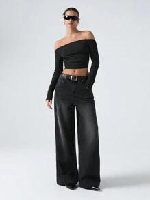 LYSMO Camiseta Corta De Mujer Con Volantes Y Hombros Descubiertos - Negro - Ver 1