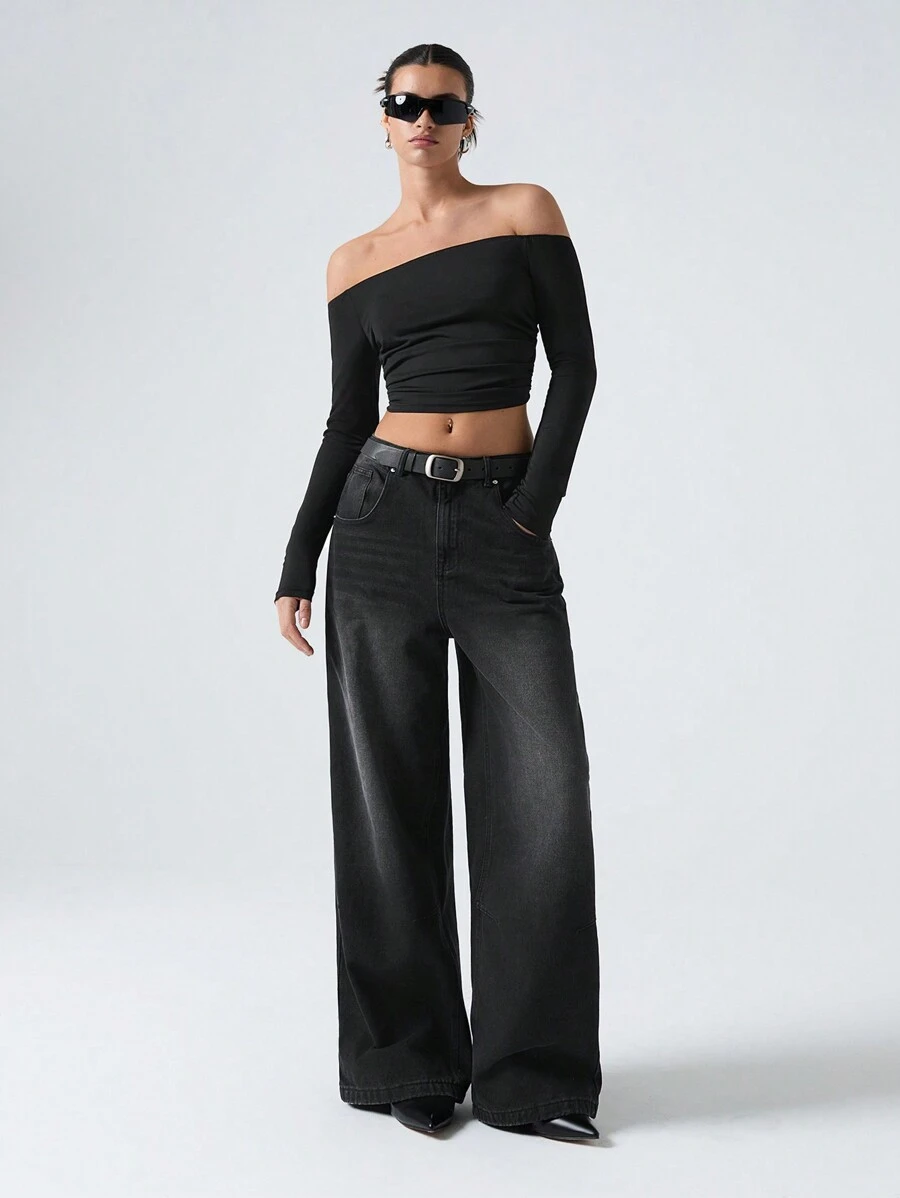 LYSMO Camiseta Corta De Mujer Con Volantes Y Hombros Descubiertos - Negro - Ver 1