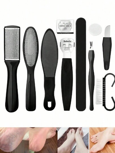 1 conjunto de lixa para pedicure e fricção para os pés, 10 unidades, kit de ferramentas para os pés, esfoliação, limpeza dos pés, remoção de pele morta, calos, plaina de raspagem, esfregão para os pés, ferramenta para remover células mortas da pele, bolsa, organizador, armazenamento