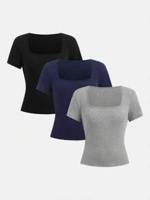 Girlism 3pcs Teens Girl Spring & Summer Ribbed Crew Neck All-Match Fitted Tees, Street Style, Casual, Versatile, Solid Colors - Blue, Black, Gray - Multicolor - View 1