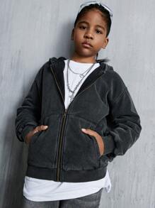 Denimly Tween Boys' West Wild Preppy Outdoorsy Style Dark Grey Hoodie Jacket, Patchwork Ribbed Zip Up Front Pockets