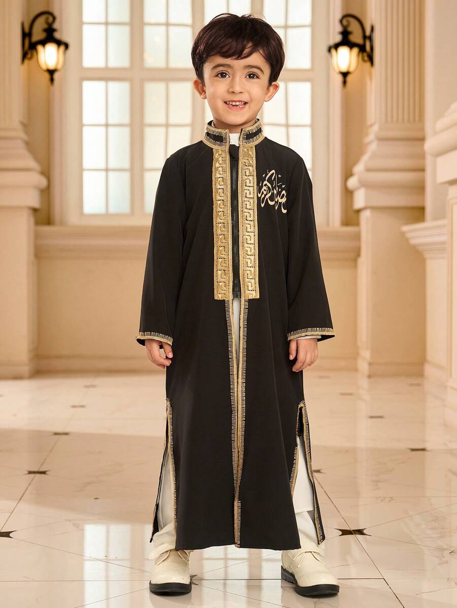 SHEIN 2pcs Set Young Boy Splice Ribbon Stand Collar Long Sleeve Long Robe And Button Half Placket Long Top - White - View 1