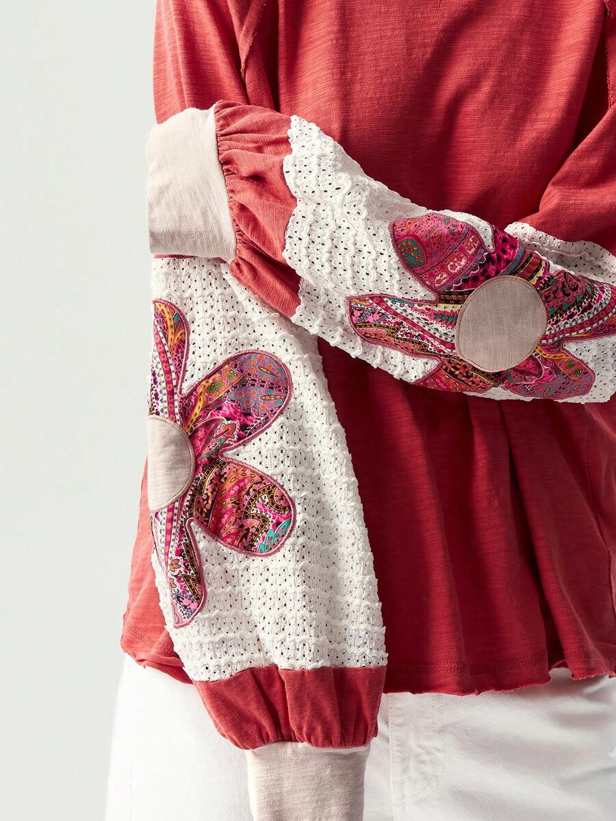 Bohemela BOHO Women's Casual Solid Color Knit Patchwork Lantern Sleeve Colorful Floral Embroidery Round Neck Loose T-Shirt - Pink - View 1