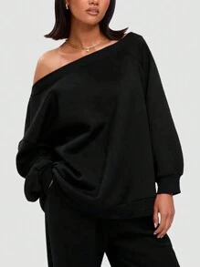 INAWLY Plus Size Solid Color Asymmetrical Neck Loose Sweatshirt & Sweatpants 2Pcs Set Fall Cloth For Women - Black - View 3