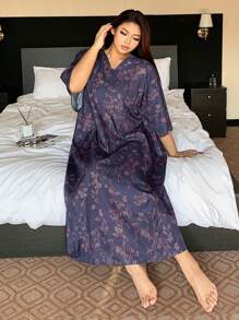 Dazy Petite Plus 碎花V领中长款睡袍，紫色，四季睡衣 - 紫色 - 查看 8