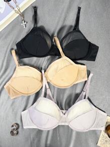 Snug Zone Thin Mesh Lightly Padded Underwire Middle Support Lift Prevent Sagging Bra With U Plunge Back Adjustable ,3 Pcs - Multicolor - View 5