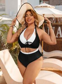 SHEIN Swim Curve 大码女式 2 件套拼色吊带性感分体泳衣比基尼套装，适合度假和海滩，适合夏季 - 黑與白 - 查看 6