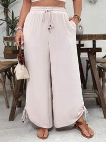 SHEIN VCAY 大码休闲卡其色松紧腰带抽绳下摆带口袋长裤，适合海岛度假 - 卡其色 - 查看 3