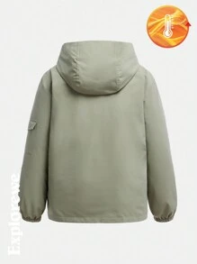 SHEIN Teen Boy Plain Long Sleeve Zip-Up Water-Resistant Hooded Padded Coat For Winter