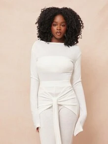 SHEIN Unity Top de Manga Longa Casual de Primavera, Viagem, Tricô de Verão, Festivais Modestos, Casual, Ação de Graças, Natal, Réveillon para Mulheres - Branco - Visão 6