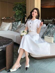 DAZY 2pcs Women Textured Fabric Short Sleeve Vest And Skirt Set - White - View 6