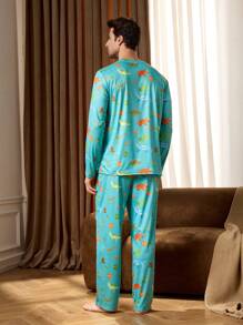 Happy Jammies 2 件男士恐龙印花长袖上衣和裤子家居睡衣套装 - 綠色 - 查看 2