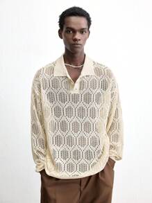 Maija Men's 2025 Spring & Summer New Khaki Polo Collar Loose Diamond Graphic Sweater, Casual Minimalist Daily Commute, Suitable For Valentine's Day, New Year Party, Vacation