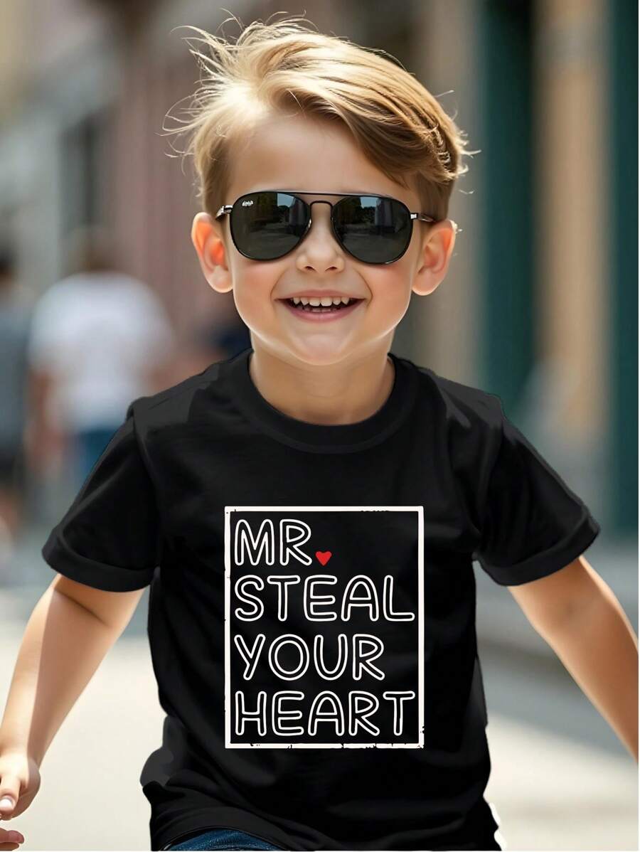 Maglietta casual a maniche corte con stampa di lettere, girocollo, per ragazzi giovani