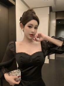DAZY 两件套女士蕾丝网纱撞色钢圈上衣和短裤内衣套装，修身性感夏季短款女士套装，家居服套装，女士短款套装 - 黑色 - 查看 10
