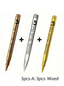 SHEIN 3pcs/Set Metallic Marker Pens - Set Of 3 Gold, Silver, And Copper Permanent Paint Pens For Crafts, Scrapbooking, And Fabric Art - Vibrant Colors And Smooth Application Back To School - Multicolor - View 8