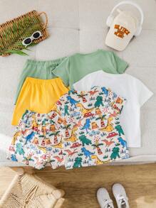 6 paquetes de camisetas de cuello redondo con estampado completo de dinosaurios y animales, casuales, universitarias, cómodas, de moda, simples y prácticas para niños pequeños