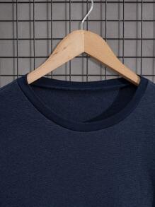 SHEIN Cottnline Men Special Fabric With Label Regular Sweatshirt - Navy Blue - View 3