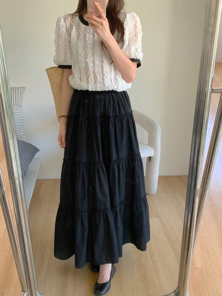 Women's Color Block Textured Fabric Crew Neck Short Sleeve Shirt