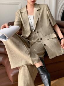 DAZY Classic Solid Color Loose Fit Short Sleeve Jacket And Wide Leg Pants Women Suit Set, Spring/Summer Linen Business Attire - Khaki - View 3