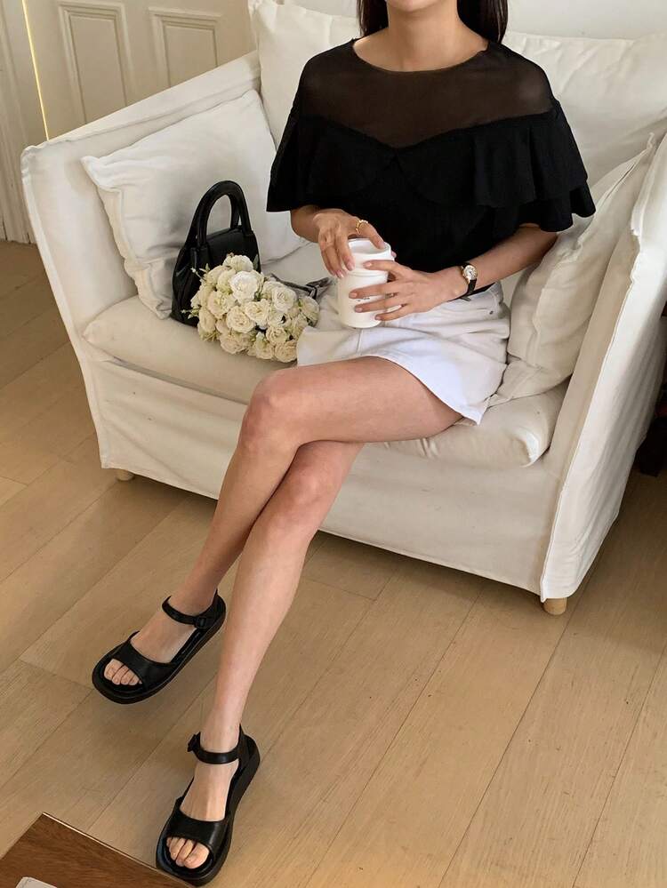 Women's Short Sleeve Mesh Patchwork Ruffle Hem Blouse