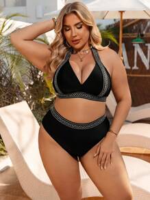 Swim Lushoire Summer 2pcs Plus Size Women Halter Tie-Up Solid Color Triangle Cup Bikini Set, Mature-Look Swimwear - Black - View 4