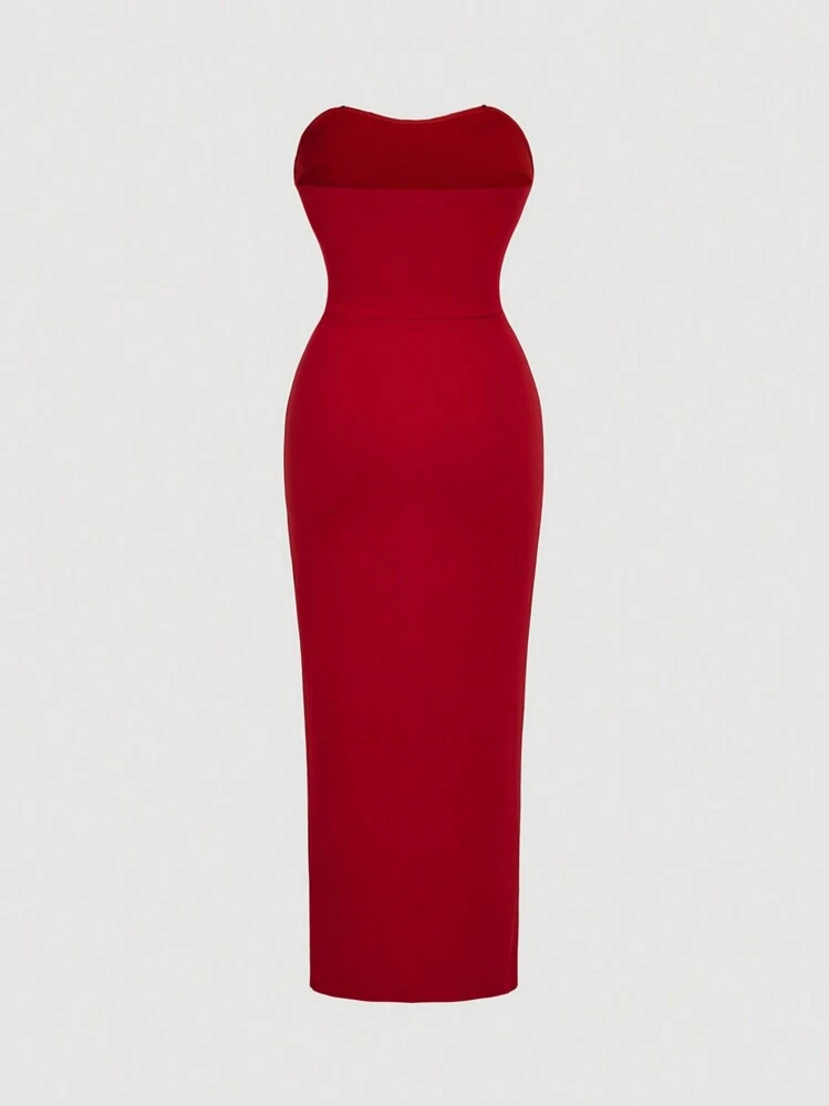 SHEIN MOD Plus Size Women Ruffle Floral Print Red Strapless Bodycon Dress,Red Dress,Santa Dress, Party Women Dress,New Year Eve Dress,Birthday Dresses For Women - Red - View 2