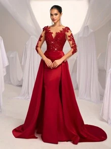 SHEIN Belle Gorgeous And Elegant Red Sequin Splicing Satin Mesh Appliques Long-Sleeved V-Neck High Waist Slim Fishtail Splicing Exaggerated Floating Pieces Wedding Guest Dress, Suitable For Dinner Bachelor Party Date Birthday Wedding Event Prom Homecoming Season Valentine's Day Evening Dress, Formal Dress,Gown